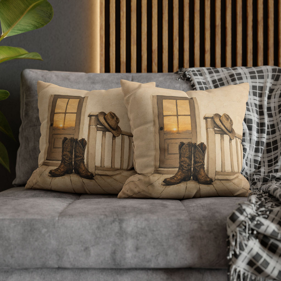 Boots Off The Porch – Western Wall Art with Worn Leather by the Door – Pillow / Cover