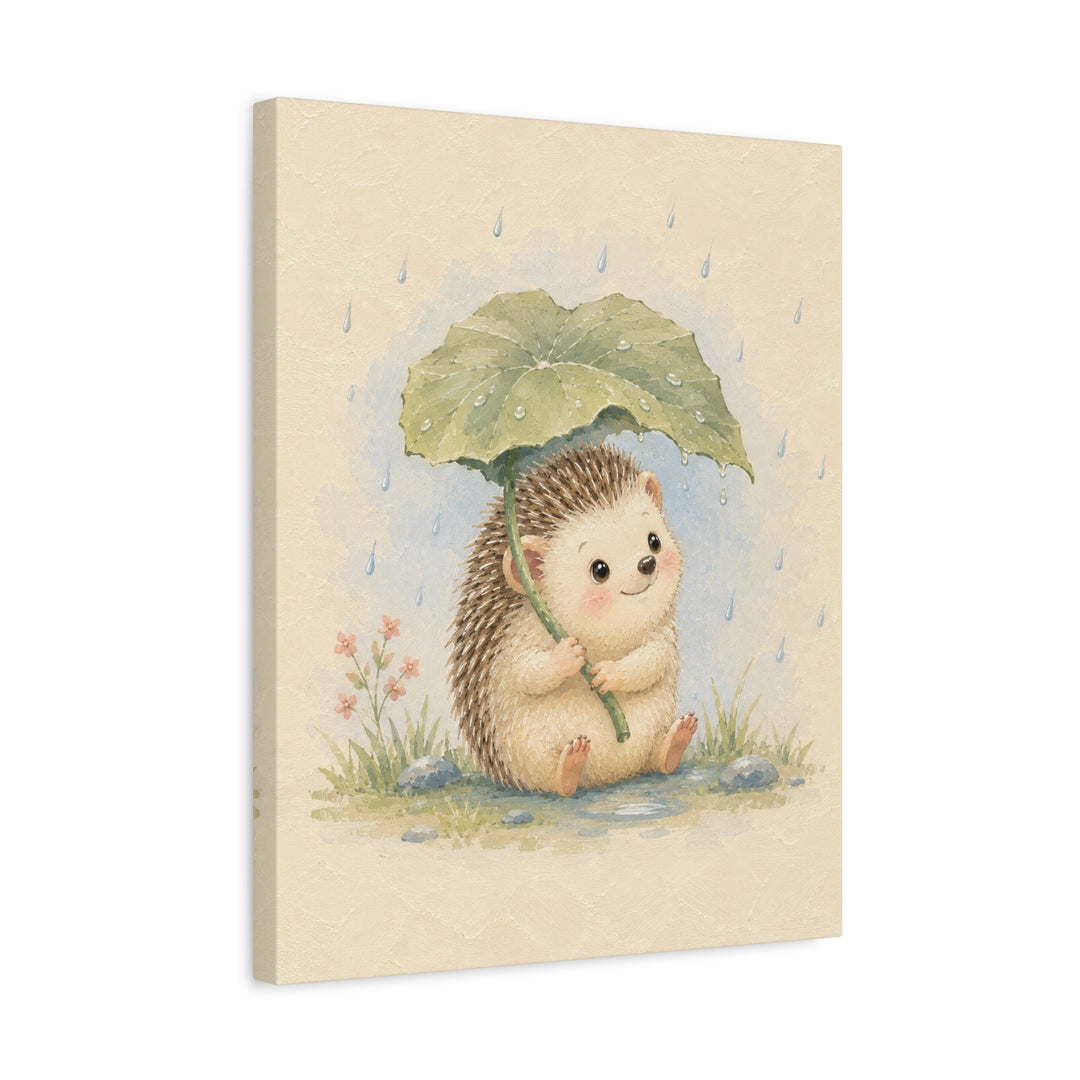 Woodland Small: Hedgehog – Woodland Nursery Art with a Leaf Umbrella in Rain – Canvas / Framed Canvas