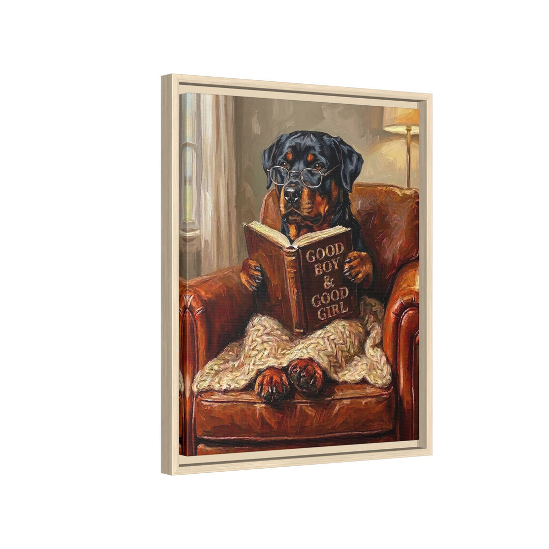 "Evening Read" - Rottweiler Vertical Framed Canvas - Dog Lover Wall Art