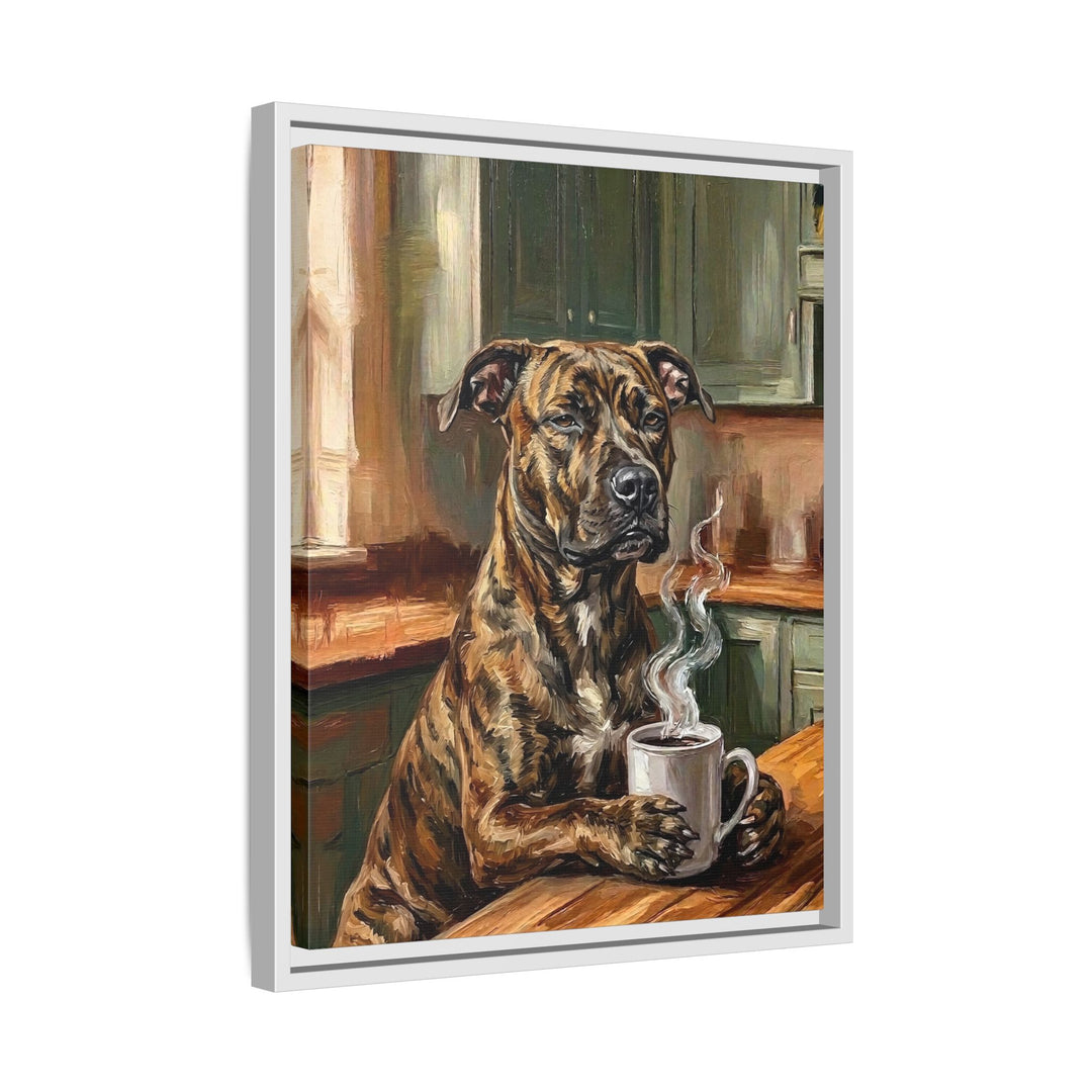 "Before Coffee" - Pit Bull Vertical Framed Canvas - Dog Lover Wall Art