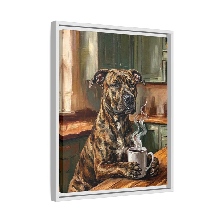 "Before Coffee" - Pit Bull Vertical Framed Canvas - Dog Lover Wall Art