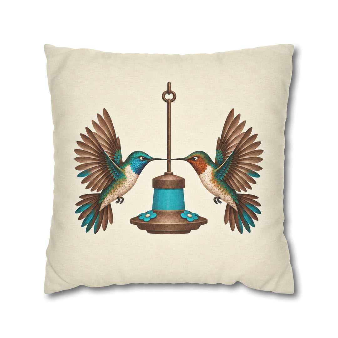 Hummingbird Standoff – Hummingbird Art with Two Hovering at One Feeder – Pillow / Cover