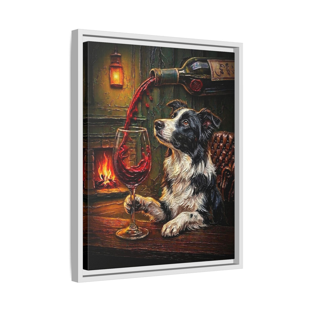 "Wine & Woof" - Border Collie Vertical Framed Canvas - Dog Lover Wall Art