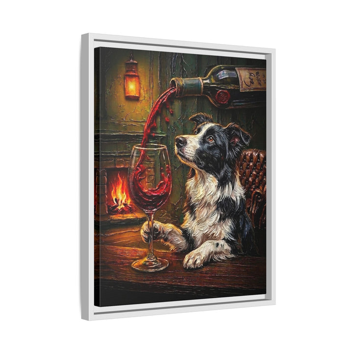 "Wine & Woof" - Border Collie Vertical Framed Canvas - Dog Lover Wall Art