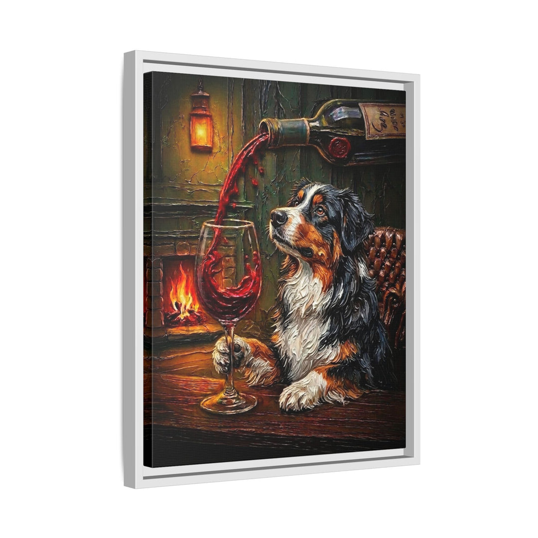 "Wine & Woof" - Australian Shepherd Vertical Framed Canvas - Dog Lover Wall Art