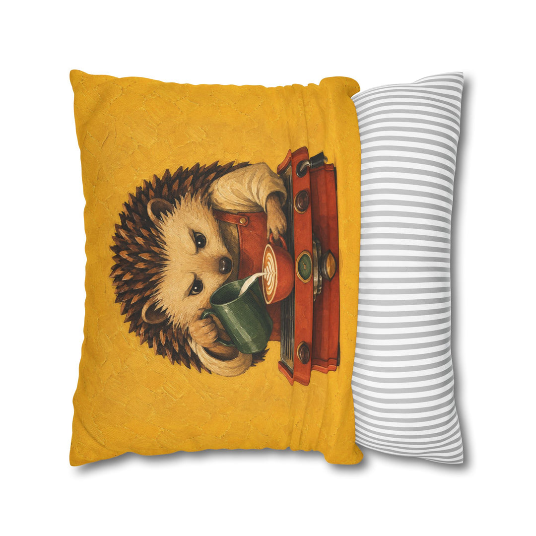 Barista Hedgehog – Coffee Bar Art with a Spiky Server Pouring Foam – Pillow / Cover