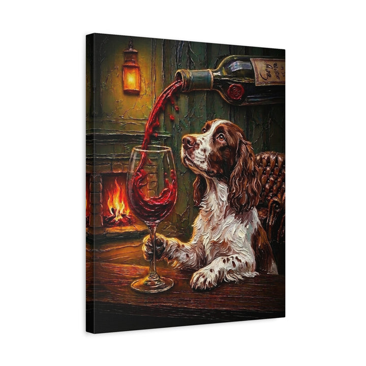 "Wine & Woof" - English Springer Spaniel Vertical Canvas - Dog Lover Wall Art