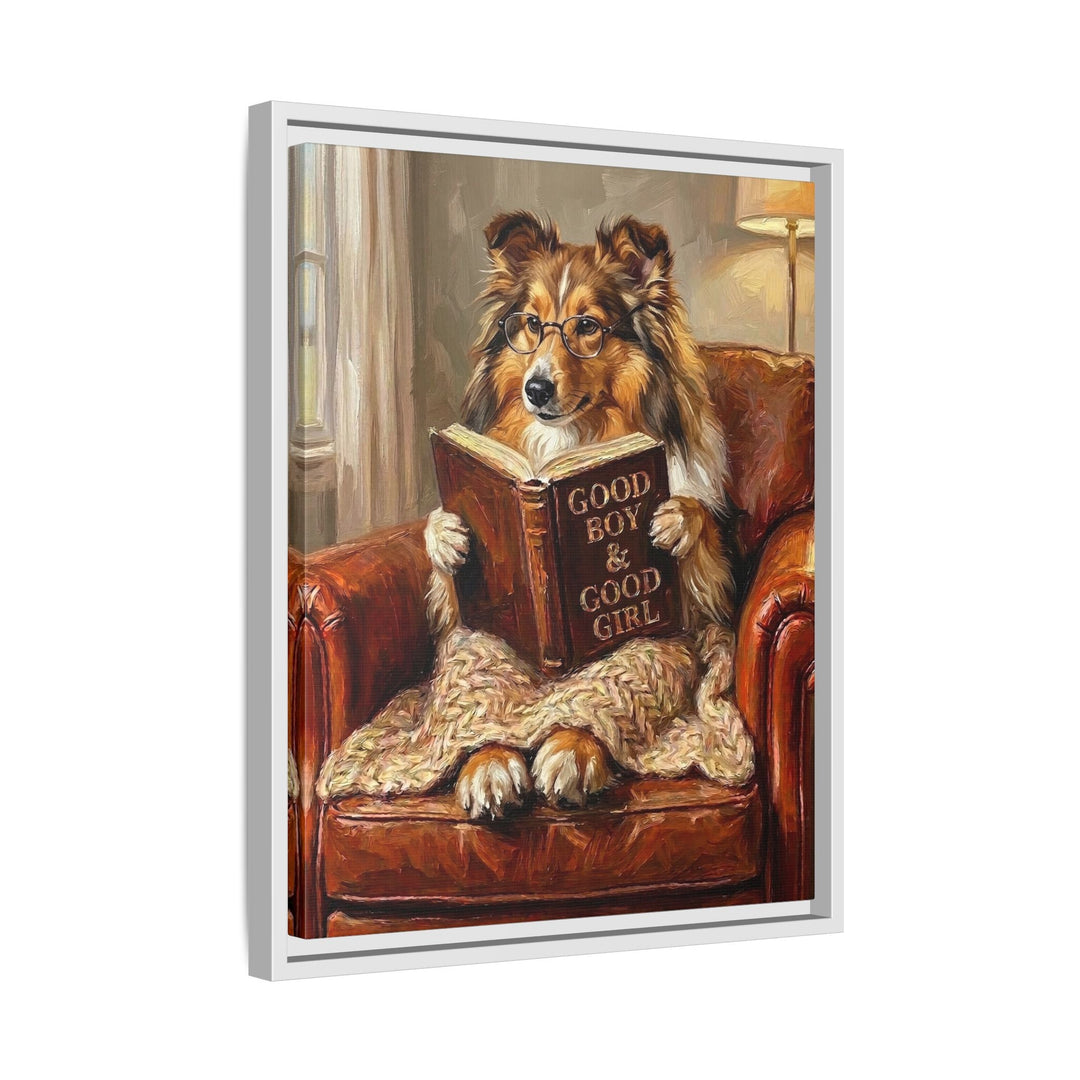 "Evening Read" - Shetland Sheepdog Vertical Framed Canvas - Dog Lover Wall Art