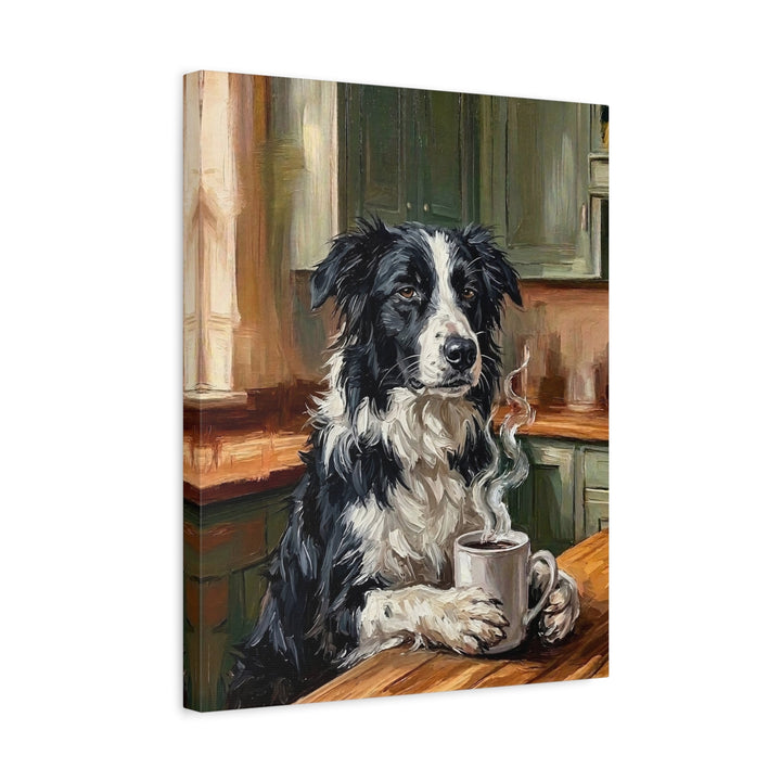 "Before Coffee" - Border Collie Vertical Canvas - Dog Lover Wall Art