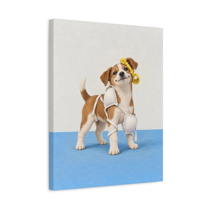 Delicates Down – Laundry Room Art with a Puppy in Tangled Straps – Canvas / Framed Canvas