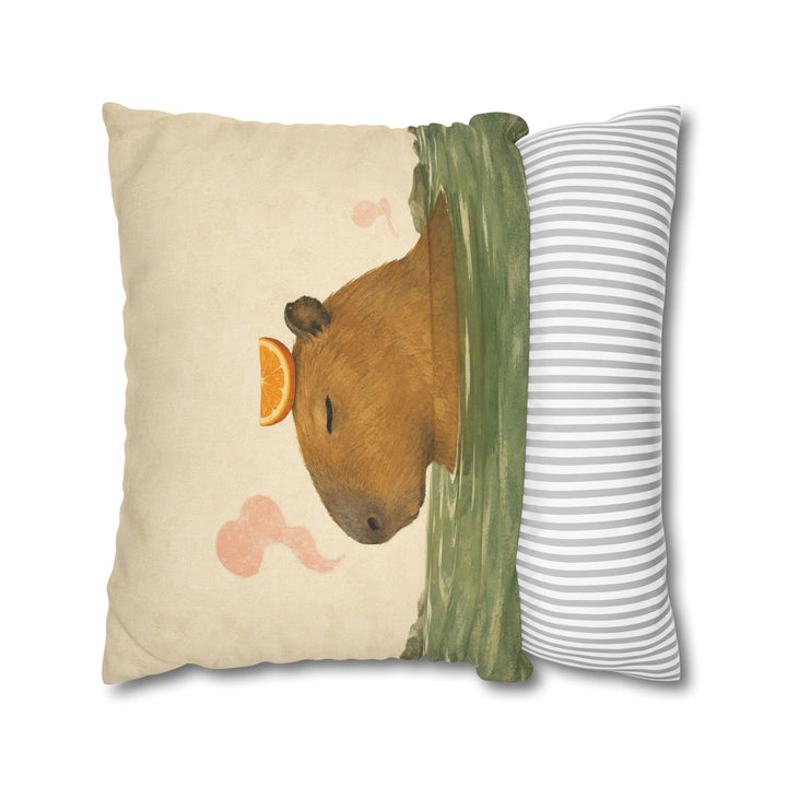 Orange Slice Day – Capybara Wall Art with a Citrus Crown at the Spring – Pillow / Cover