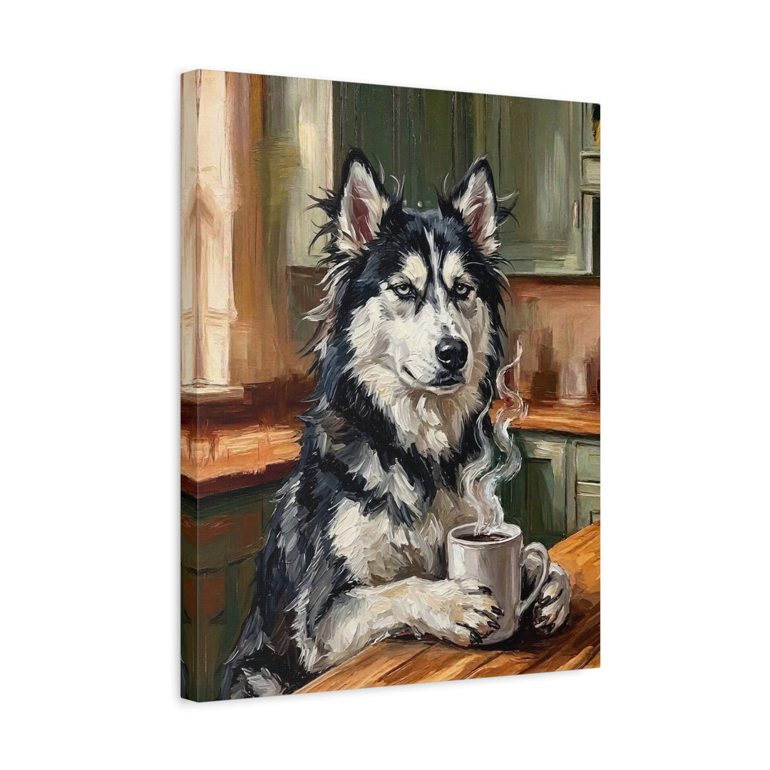 "Before Coffee" - Husky Vertical Canvas - Dog Lover Wall Art