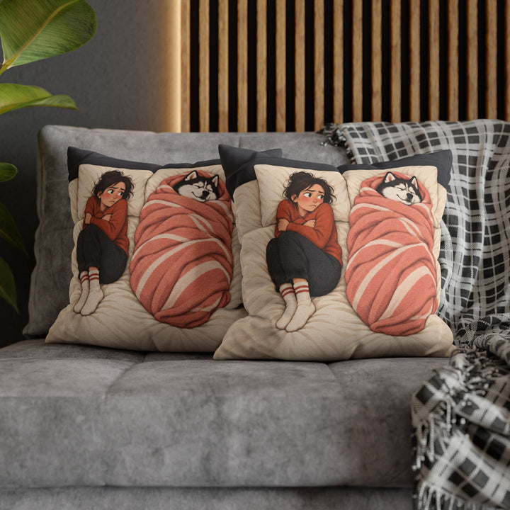 The Blanket Thief – Above Bed Art with a Husky and a Stolen Duvet – Pillow / Cover