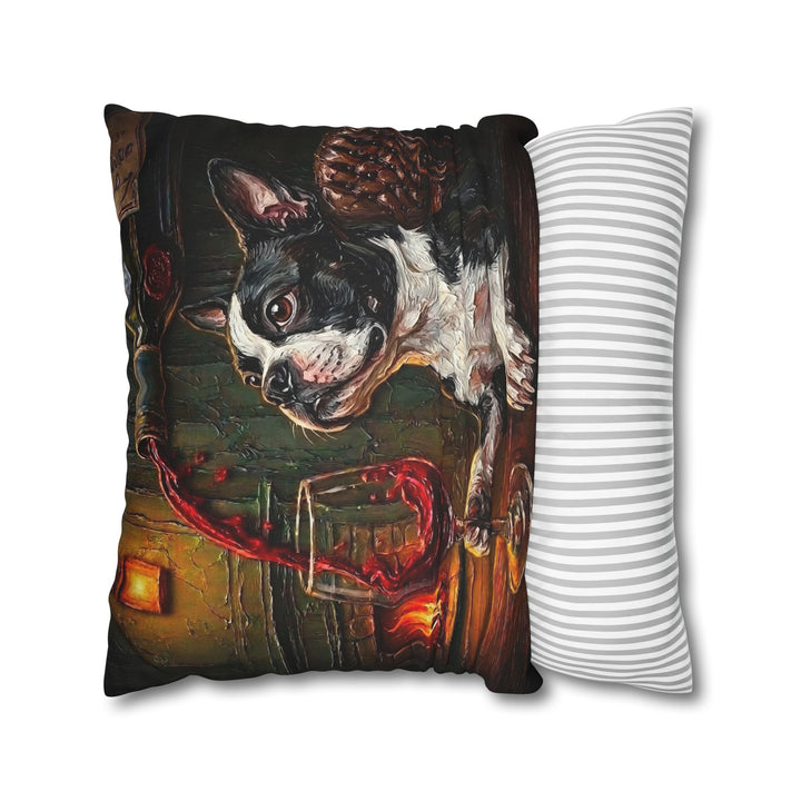 "Wine & Woof" - Boston Terrier Pillow Cover - Dog Lover Home Decor