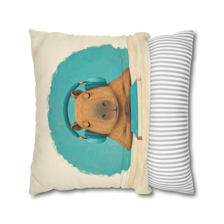 Study Break – Dorm Room Decor with Headphones and a Calm Capybara – Pillow / Cover
