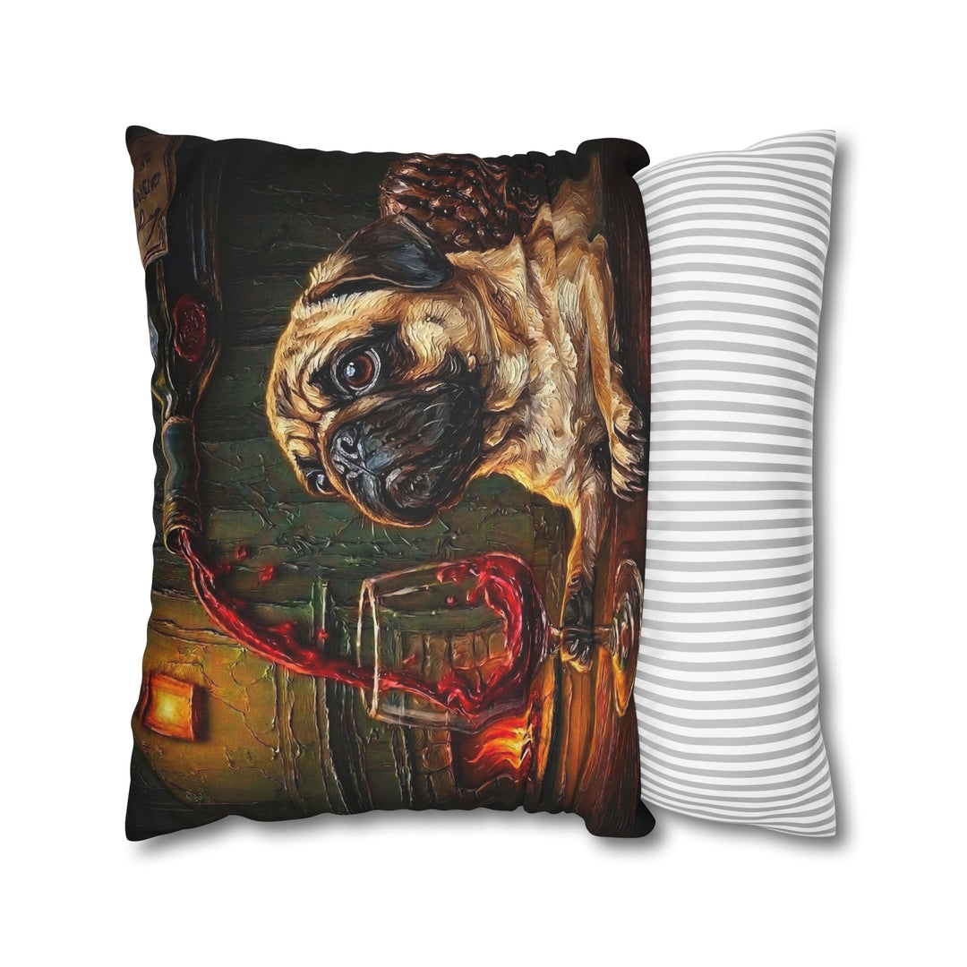 "Wine & Woof" - Pug Throw Pillow - Dog Lover Home Decor