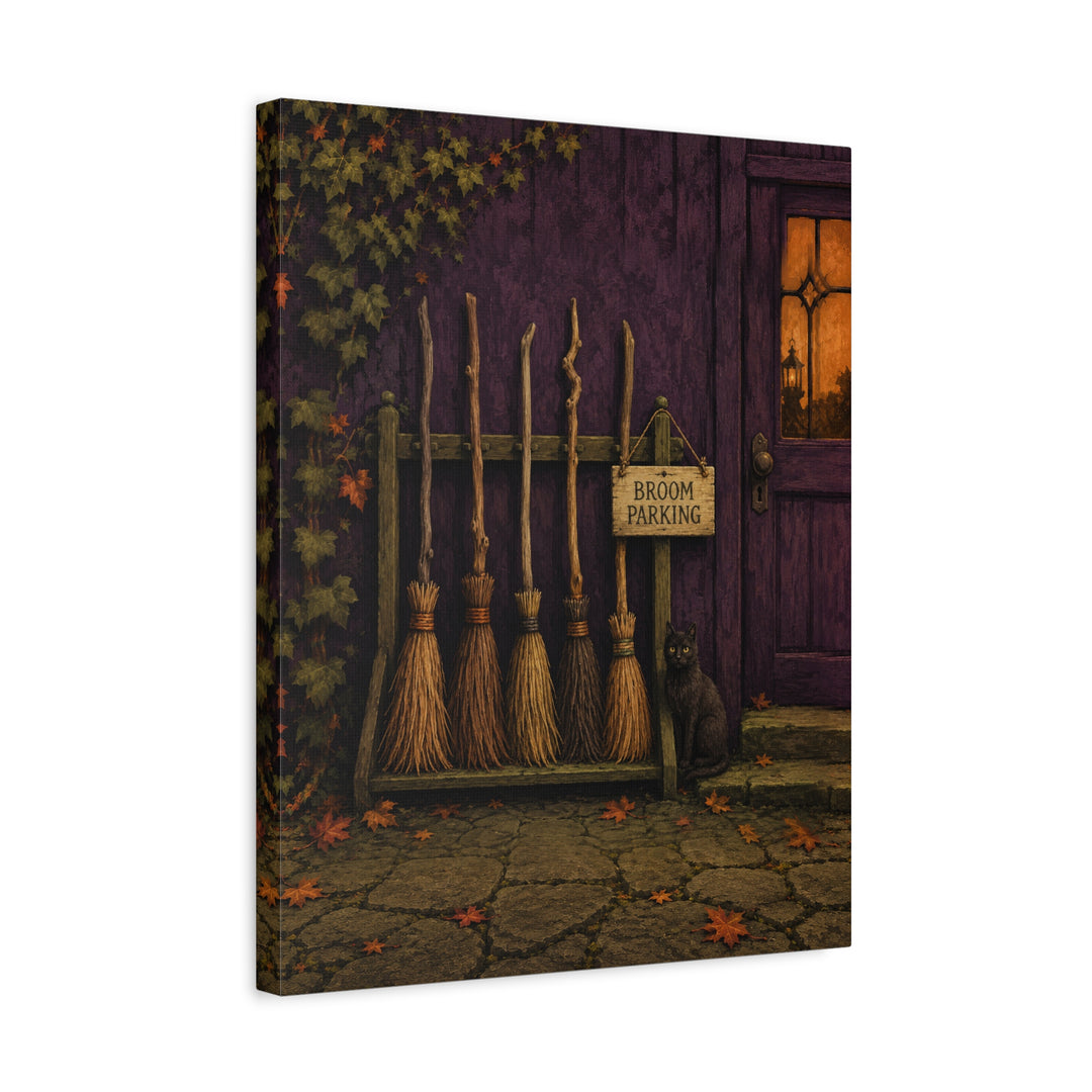 Broom Parking Only – Witchy Wall Art with Bristles Racked by the Door – Canvas / Framed Canvas