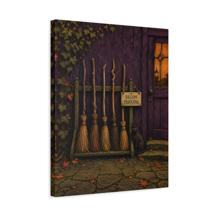 Broom Parking Only – Witchy Wall Art with Bristles Racked by the Door – Canvas / Framed Canvas