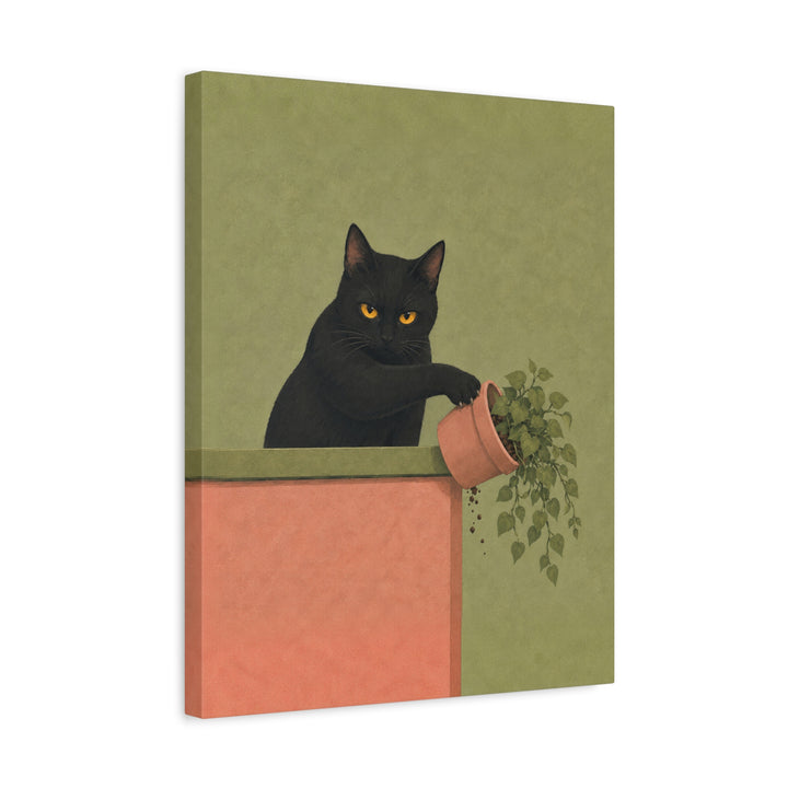 Plant Assassin – Funny Cat Art with a Potted Victim and Eye Contact – Canvas / Framed Canvas