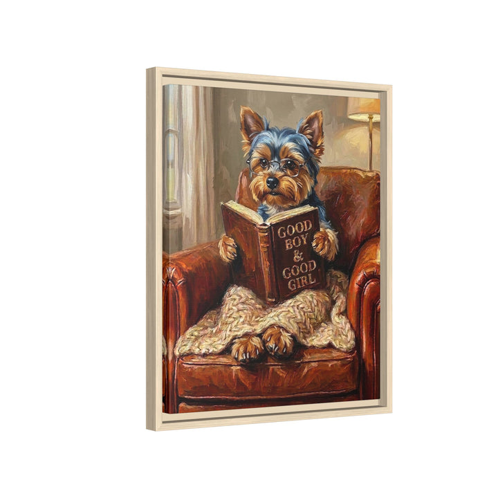"Evening Read" - Yorkie Vertical Framed Canvas - Dog Lover Wall Art