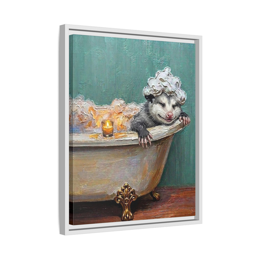 "Bubble Time" - Opossum Vertical Framed Canvas - Spirit Animal Wall Art