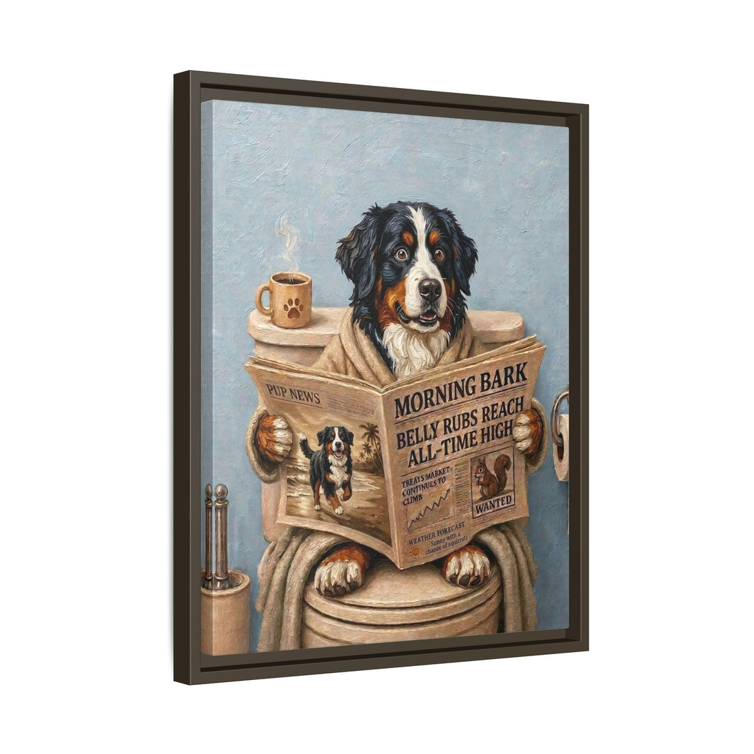 Bernese Mountain Dog on the Toilet Funny Bathroom Art, Newspaper Reading Dog Print, Canvas or Framed Wall Art