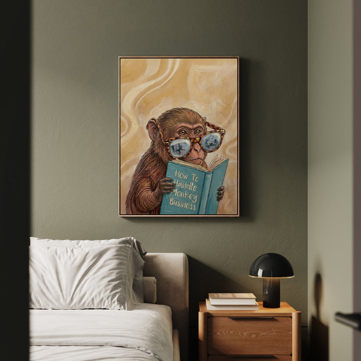 "Monkey Business" - Monkey Vertical Framed Canvas - Animal Book Humor Wall Art