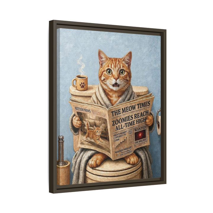 "Morning Business" - Orange Ginger Tabby Vertical Framed Canvas - Cat Lover Wall Art