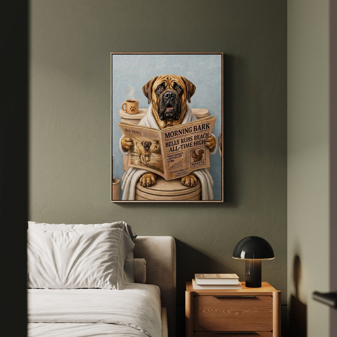 "Morning Business" - Mastiff Vertical Framed Canvas - Dog Lover Wall Art