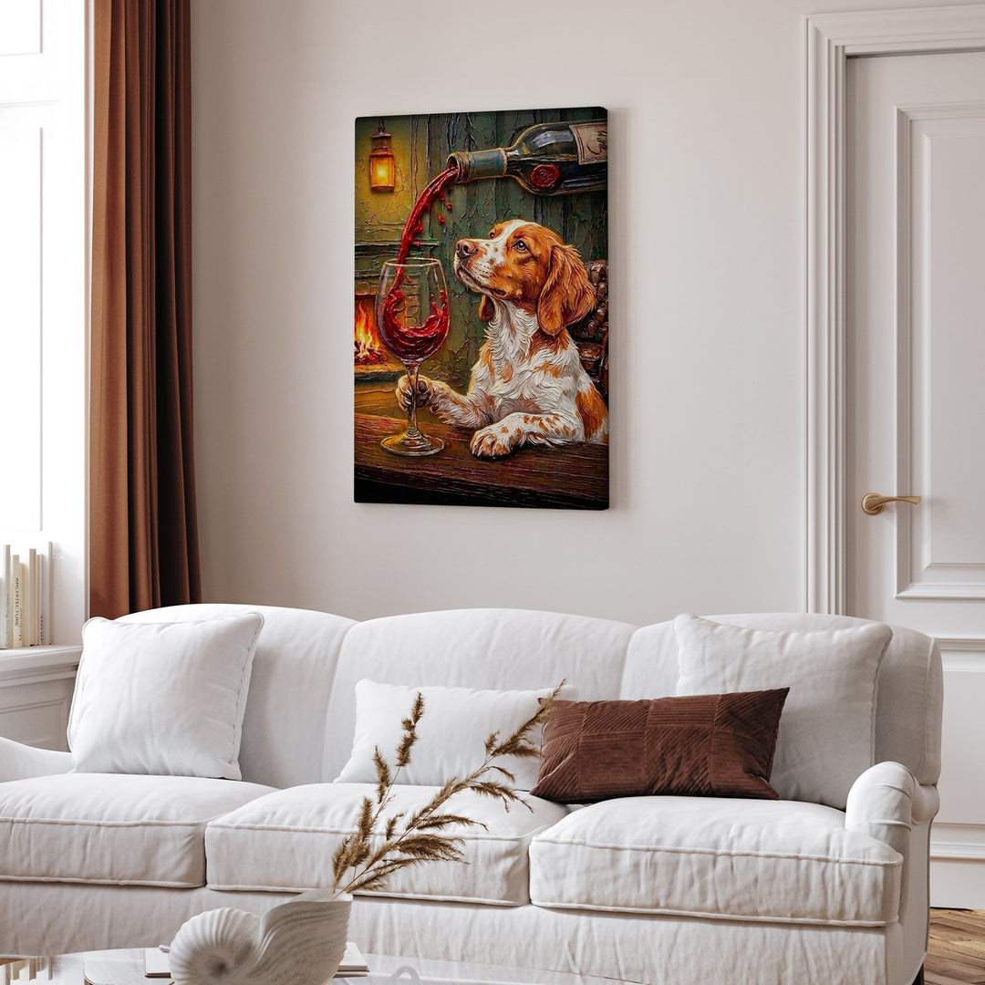 "Wine & Woof" - Brittany Spaniel Vertical Canvas - Dog Lover Wall Art