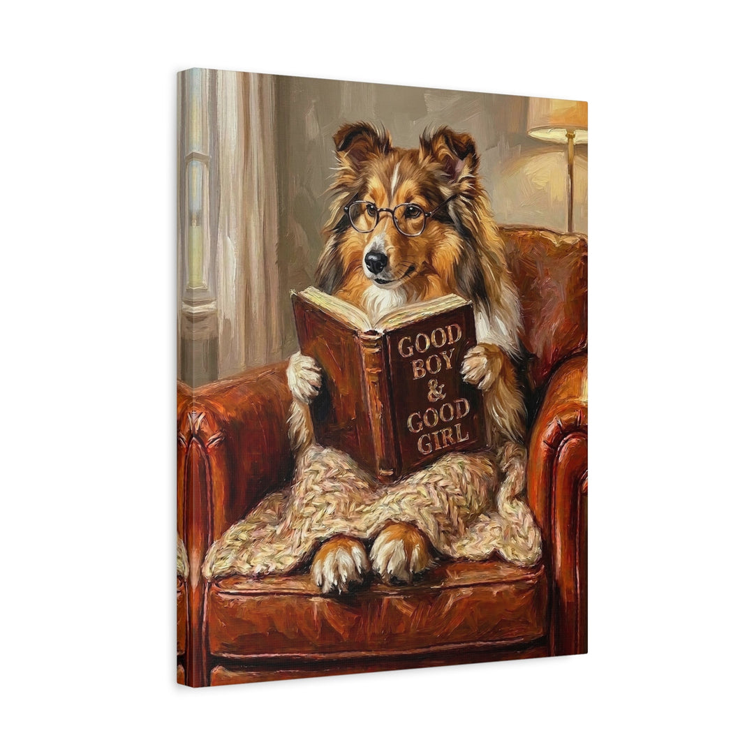 "Evening Read" - Shetland Sheepdog Vertical Canvas - Dog Lover Wall Art