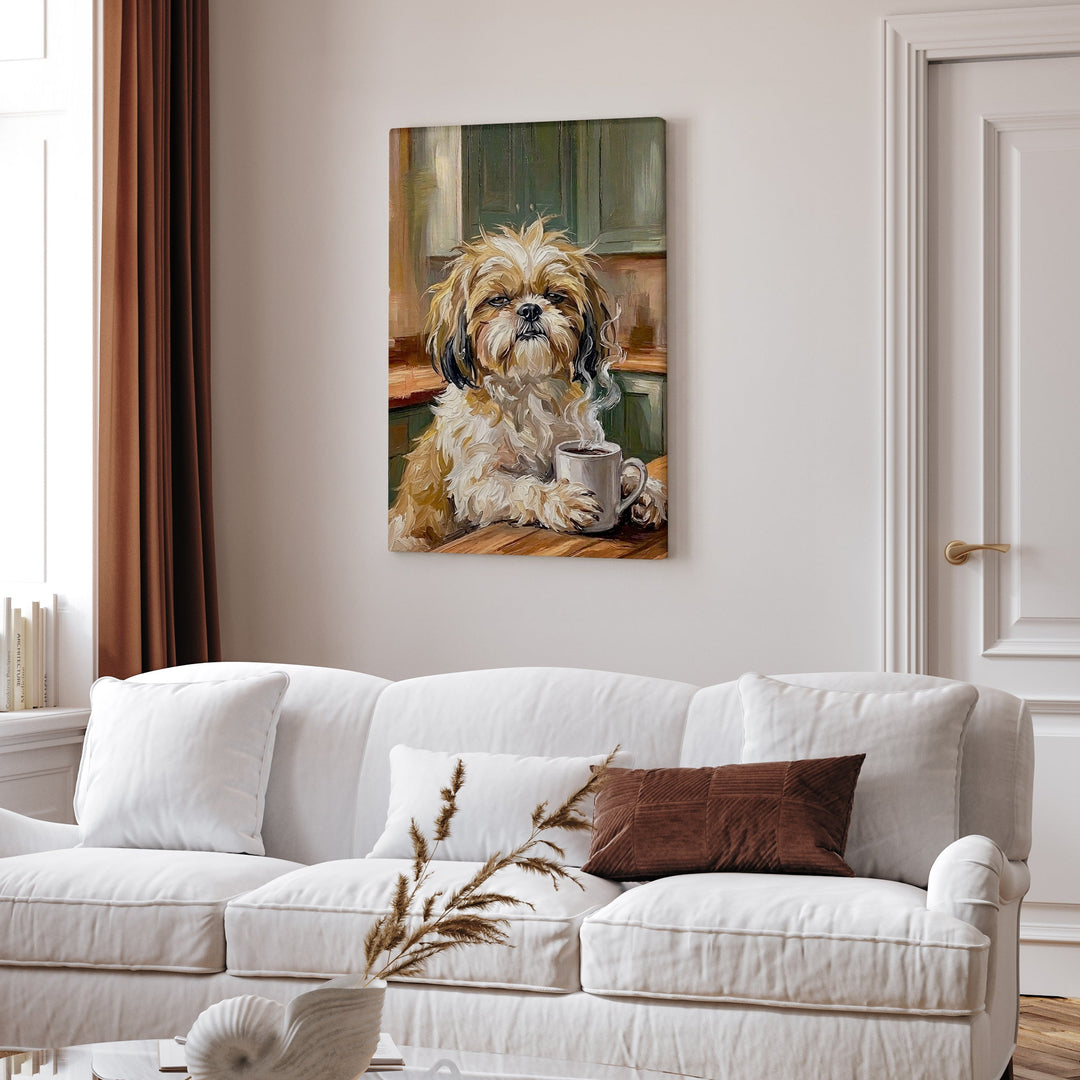 "Before Coffee" - Shih Tzu Vertical Canvas - Dog Lover Wall Art