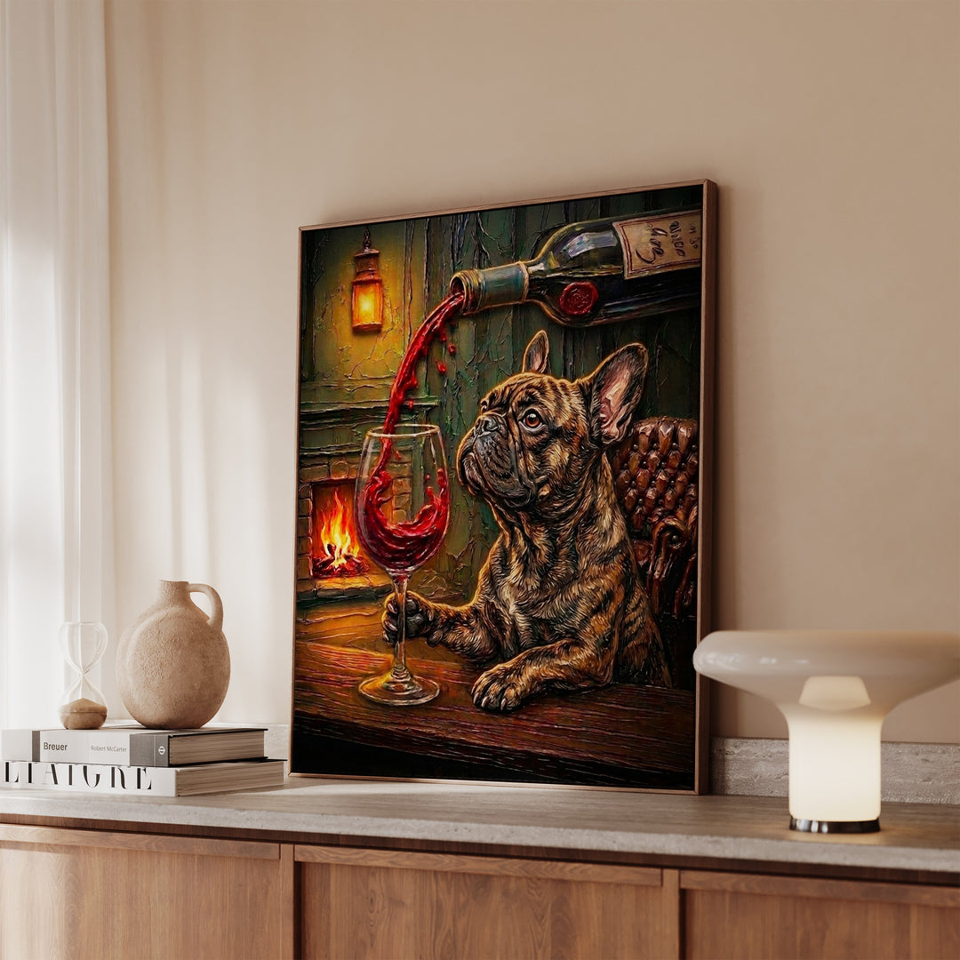 French Bulldog Wine & Woof Framed Canvas