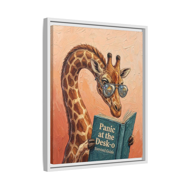 "Panic at the Desk O" - Giraffe Vertical Framed Canvas - Animal Book Humor Wall Art