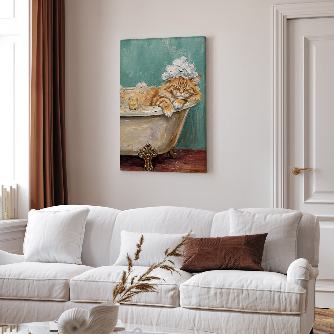 "Spa Day" - Fluffy Orange Longhair Vertical Canvas - Cat Lover Wall Art