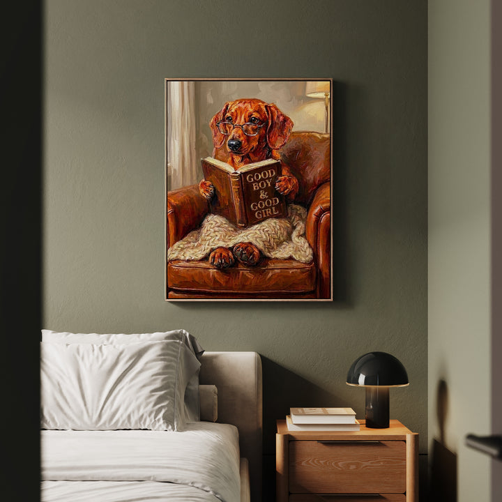 "Evening Read" - Dachshund Vertical Framed Canvas - Dog Lover Wall Art