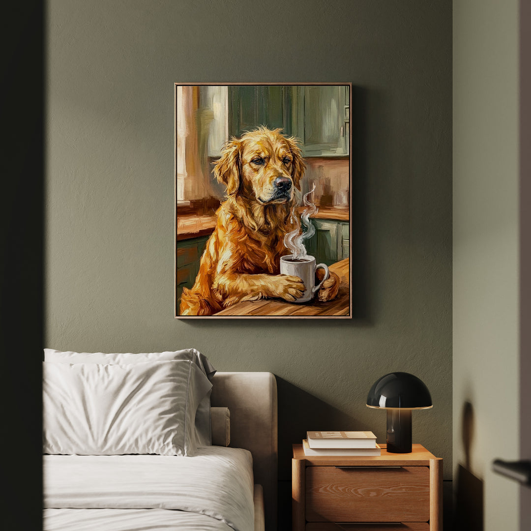 "Before Coffee" - Golden Retriever Vertical Framed Canvas - Dog Lover Wall Art