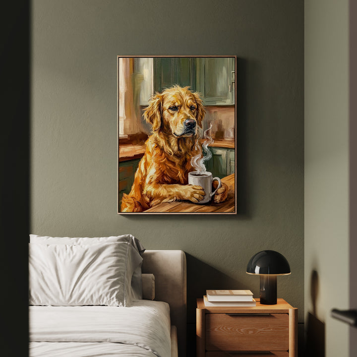 "Before Coffee" - Golden Retriever Vertical Framed Canvas - Dog Lover Wall Art