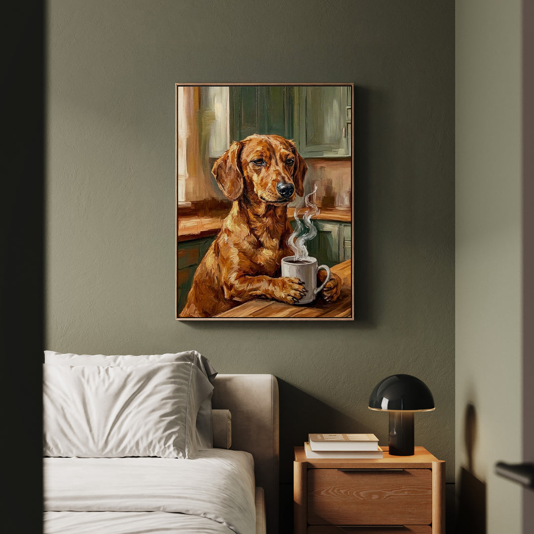 "Before Coffee" - Dachshund Vertical Framed Canvas - Dog Lover Wall Art
