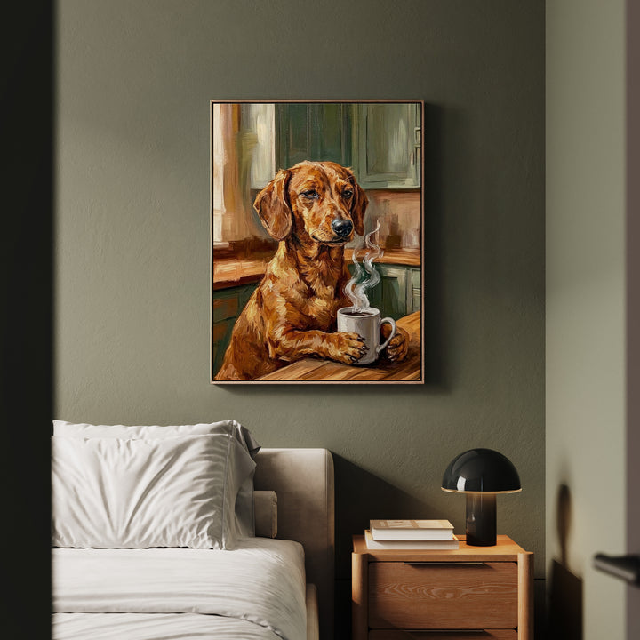 "Before Coffee" - Dachshund Vertical Framed Canvas - Dog Lover Wall Art