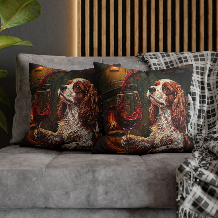 "Wine & Woof" - Cavalier King Charles Pillow Cover - Dog Lover Home Decor