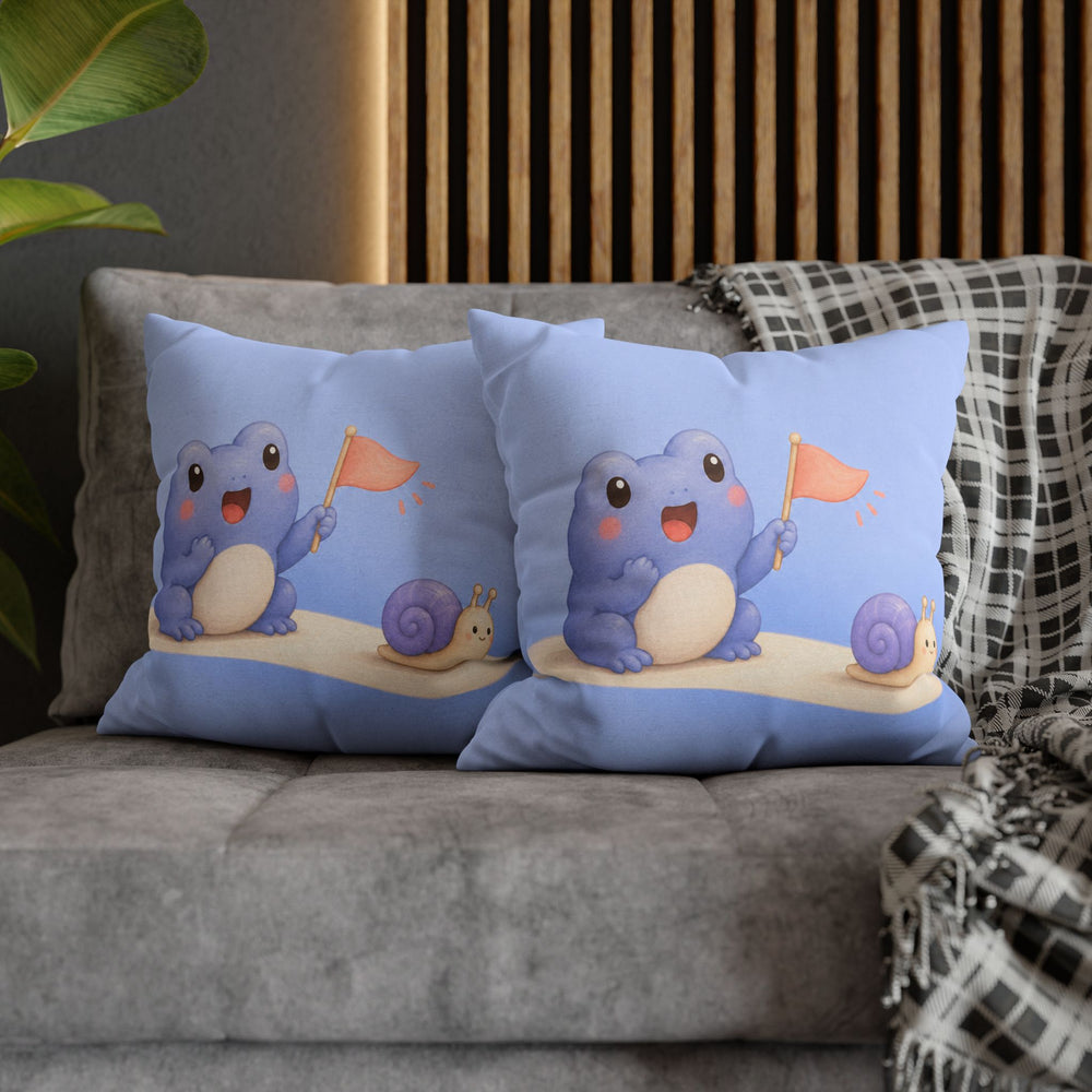 The Tiny Cheer – Kawaii Room Decor with a Frog Cheering a Snail – Pillow / Cover