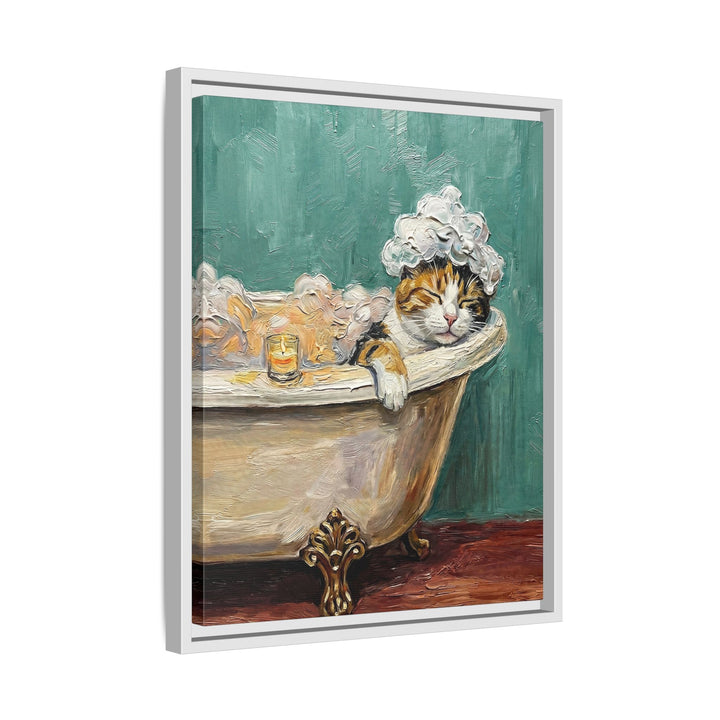"Spa Day" - Calico Vertical Framed Canvas - Cat Lover Wall Art
