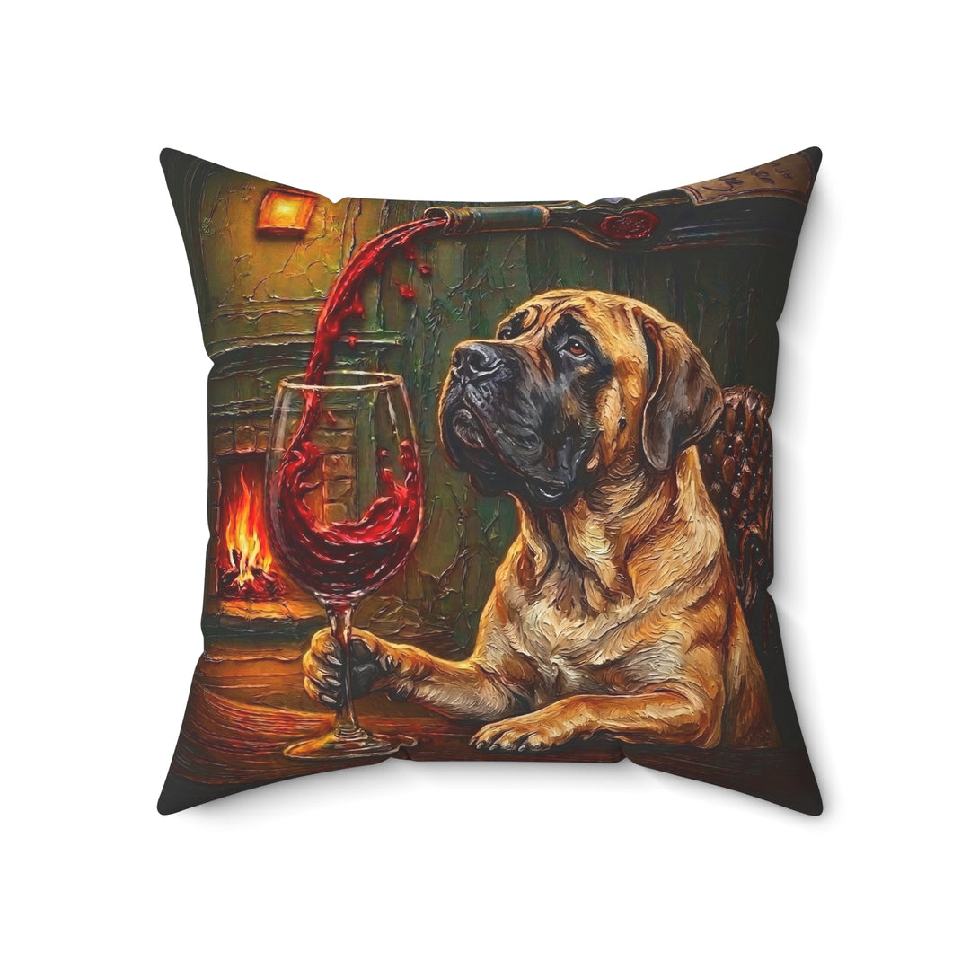 "Wine & Woof" - Mastiff Throw Pillow - Dog Lover Home Decor