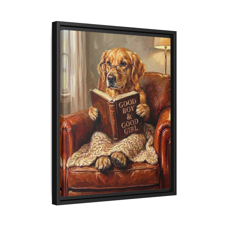 "Evening Read" - Golden Retriever Vertical Framed Canvas - Dog Lover Wall Art