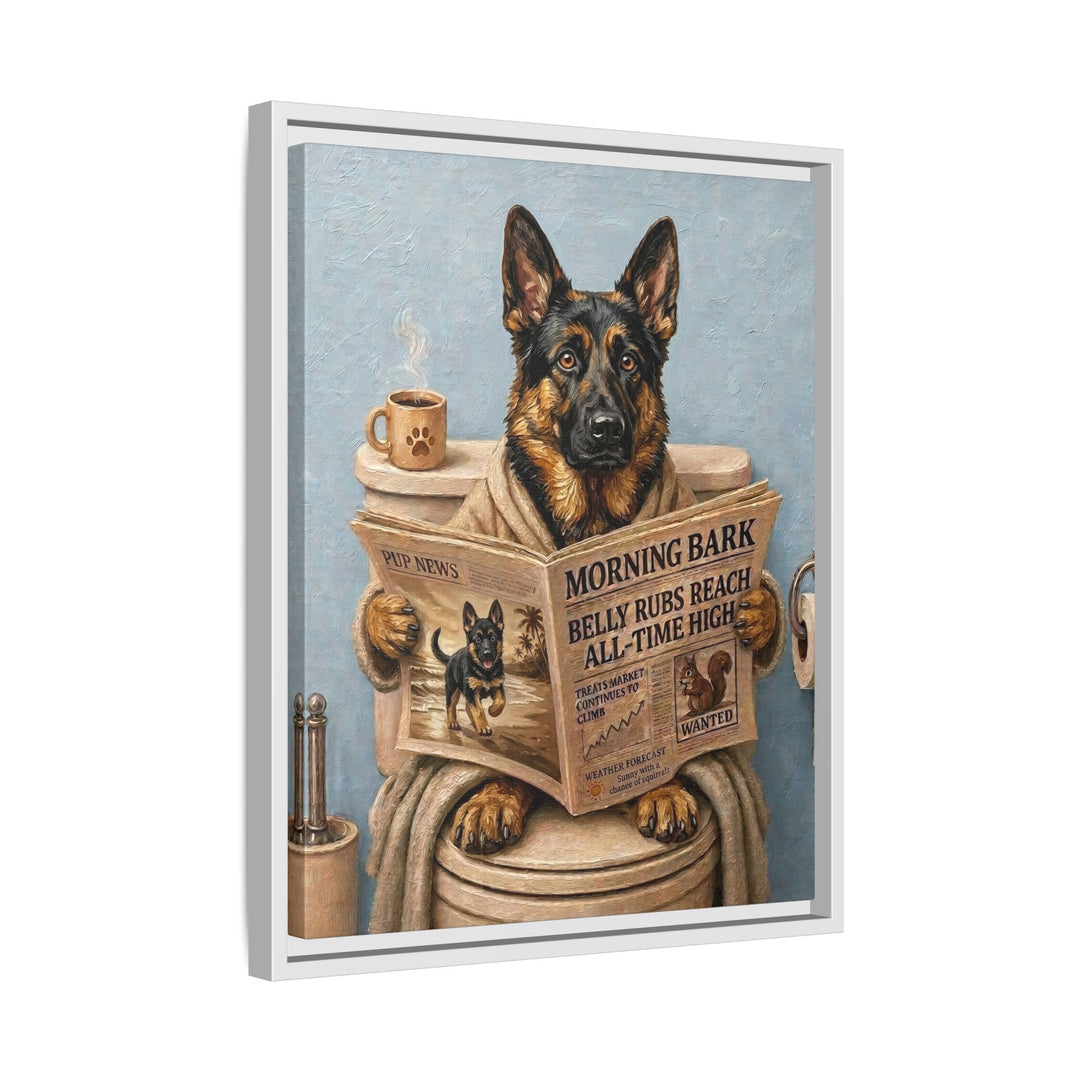 "Morning Business" - German Shepherd Vertical Framed Canvas - Dog Lover Wall Art