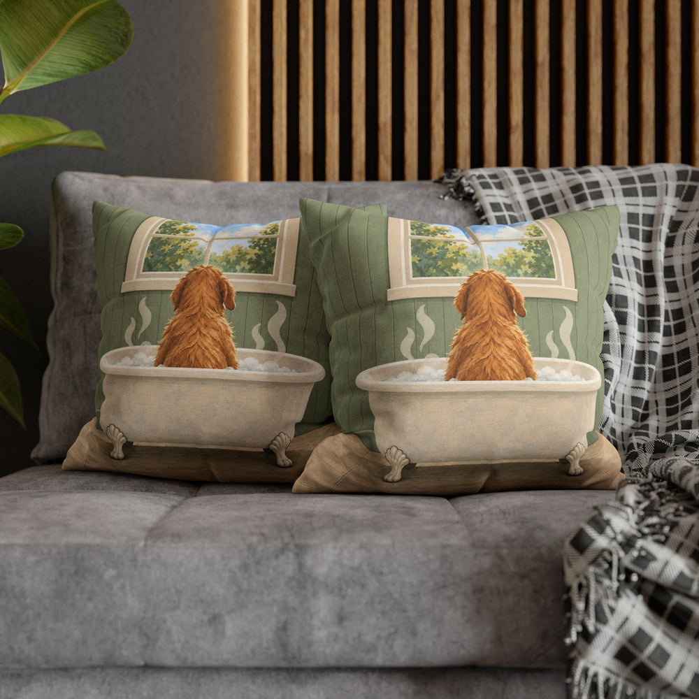 The Sunday Soak – Dog Bathroom Art with a Back View in a Clawfoot Tub – Pillow / Cover