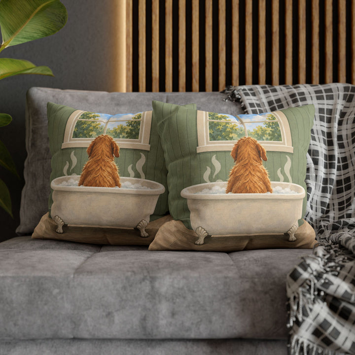 The Sunday Soak – Dog Bathroom Art with a Back View in a Clawfoot Tub – Pillow / Cover