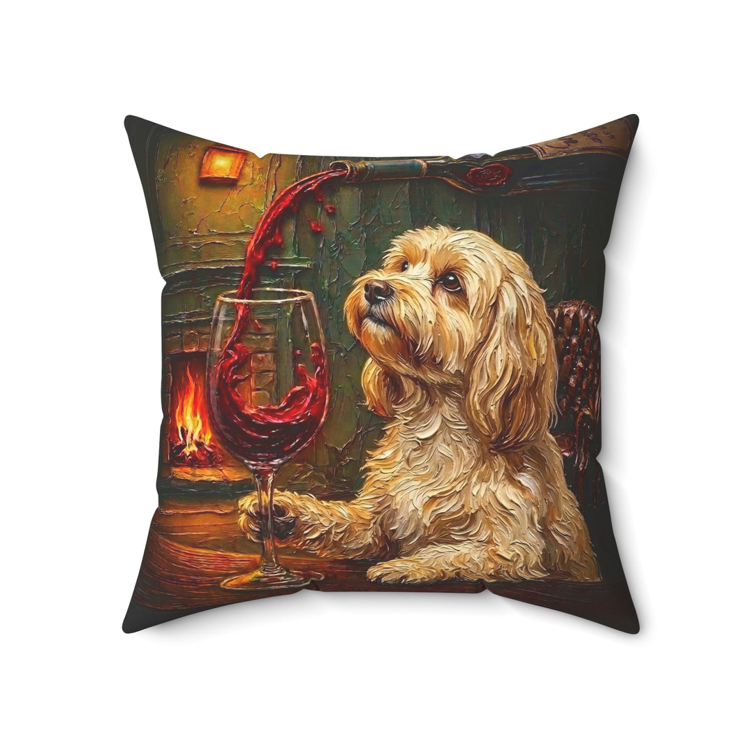 "Wine & Woof" - Havanese Throw Pillow - Dog Lover Home Decor