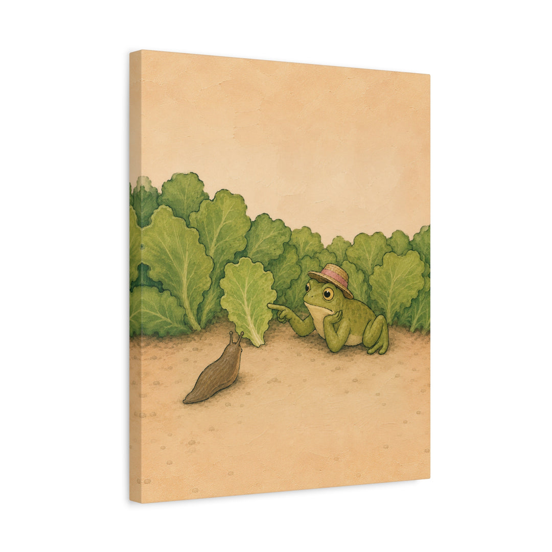 Slug Negotiations – Garden Wall Art with a Sun Hat at the Lettuce Line – Canvas / Framed Canvas